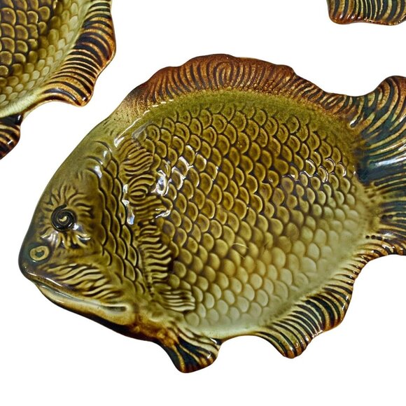 Granit Hungary Fish Bowl Dish Set of 3 9" Art Pottery Green - Picture 6 of 6